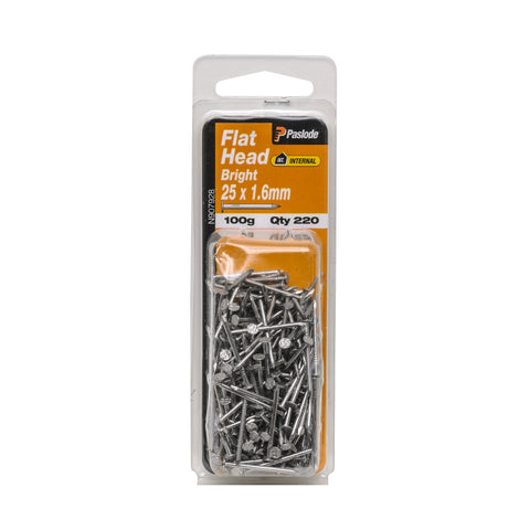 Paslode 25 x 1.6mm Bright Steel Flat Head Nails 100g - 220 Pack