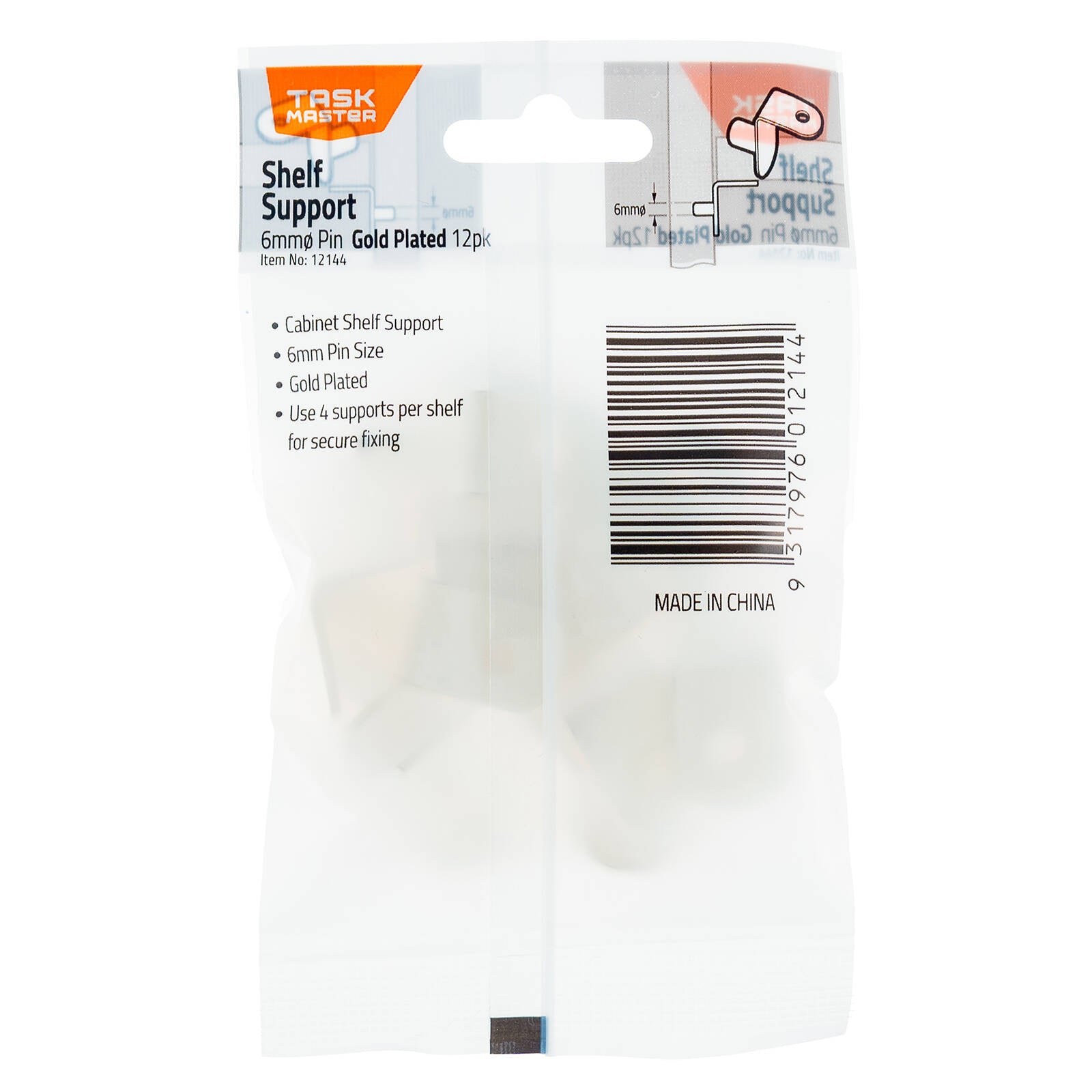 Taskmaster 6mm Pin Gold Plated Nickel Shelf Supports 12 Pack