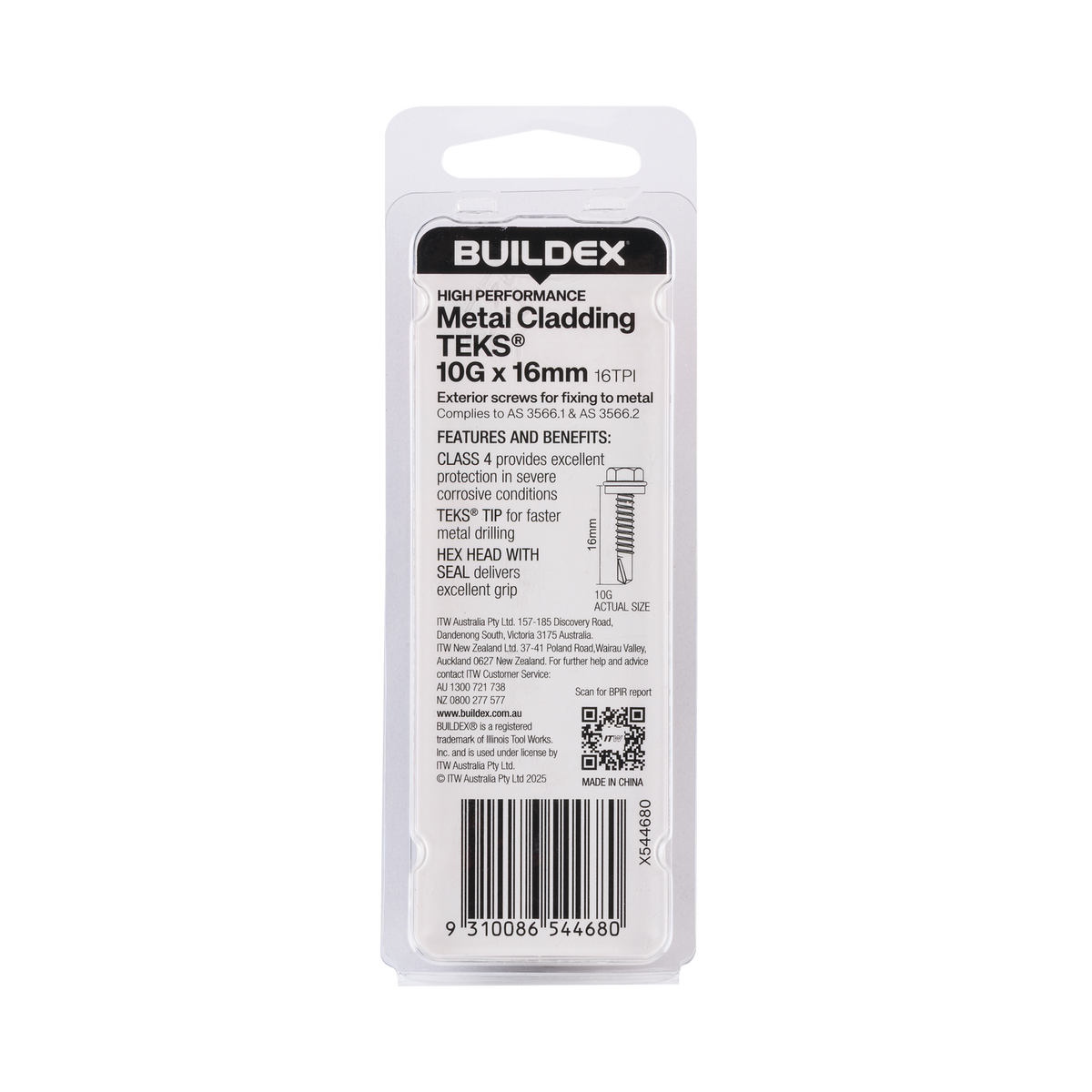 Buildex 10G x 16mm Class 4 Metal Cladding TEKS Screws with Seal, Hex Head - 20 Pack