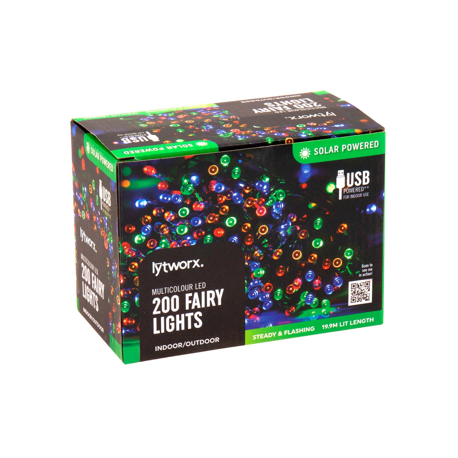 Lytworx 19.9m Multicolour Solar/USB Fairy Lights 200 Pack 70733 - Steady & Flashing, Outdoor