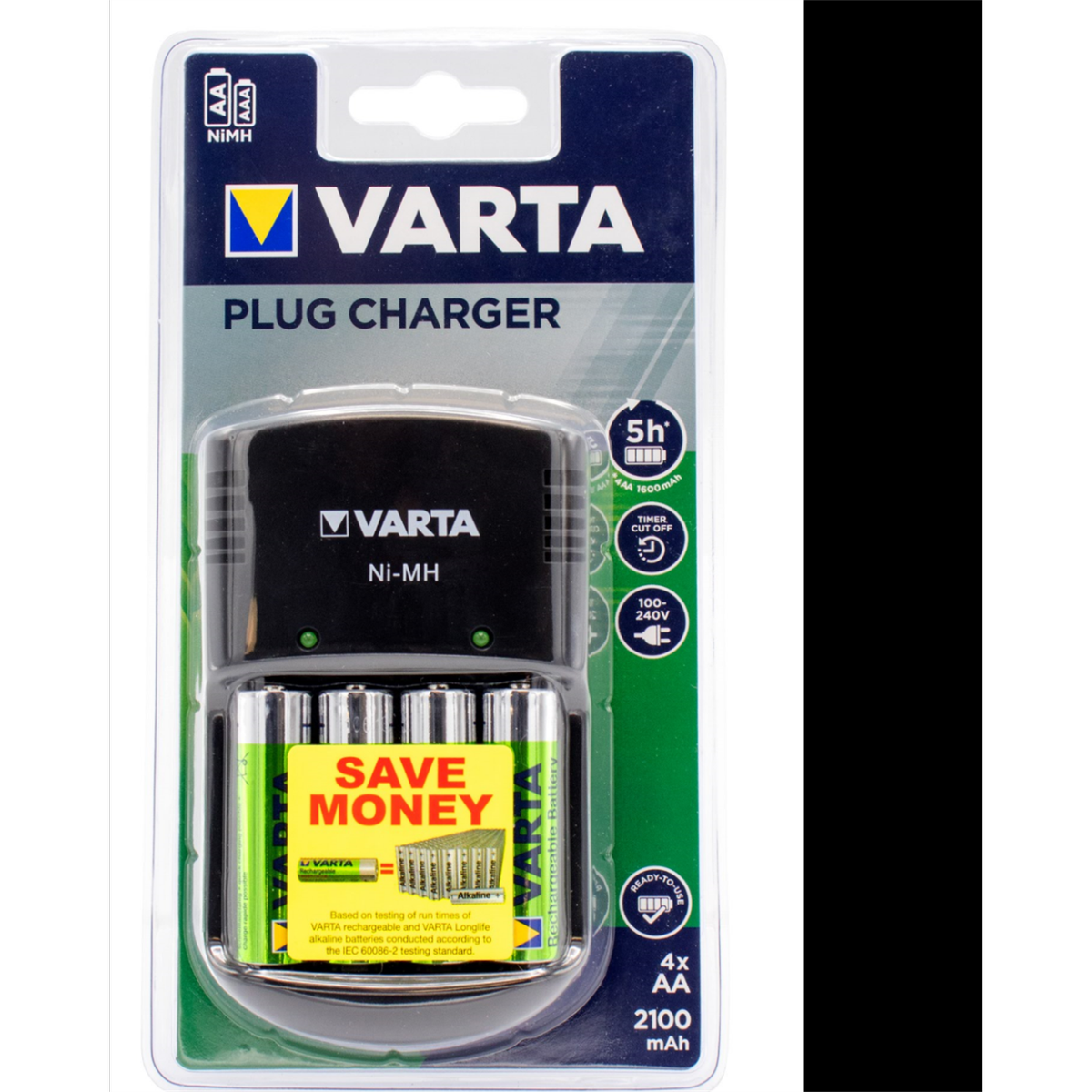 Varta Plug Charger with 4 x 2100mAh AA Rechargeable Batteries, 100-240V, Green