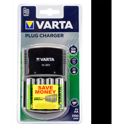 Varta Plug Charger with 4 x 2100mAh AA Rechargeable Batteries, 100-240V, Green