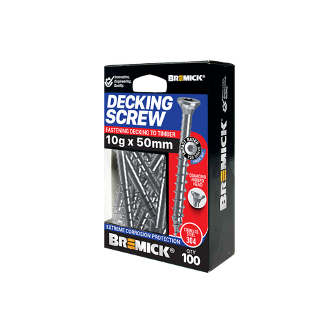 Bremick 10g x 50mm Stainless Steel 304 Spiral Rib T25 Decking Screws 100 Pack