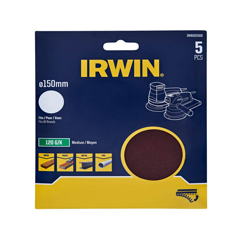 Irwin 150mm 120 Grit No-Hole Quick Fit Orbital Sanding Discs - 5 Pack