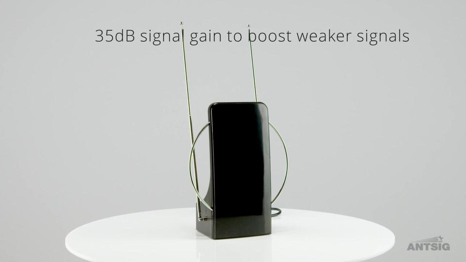 Antsig Digital Indoor Amplified Antenna - 35dB Gain, Telescopic VHF/UHF, Black AP547
