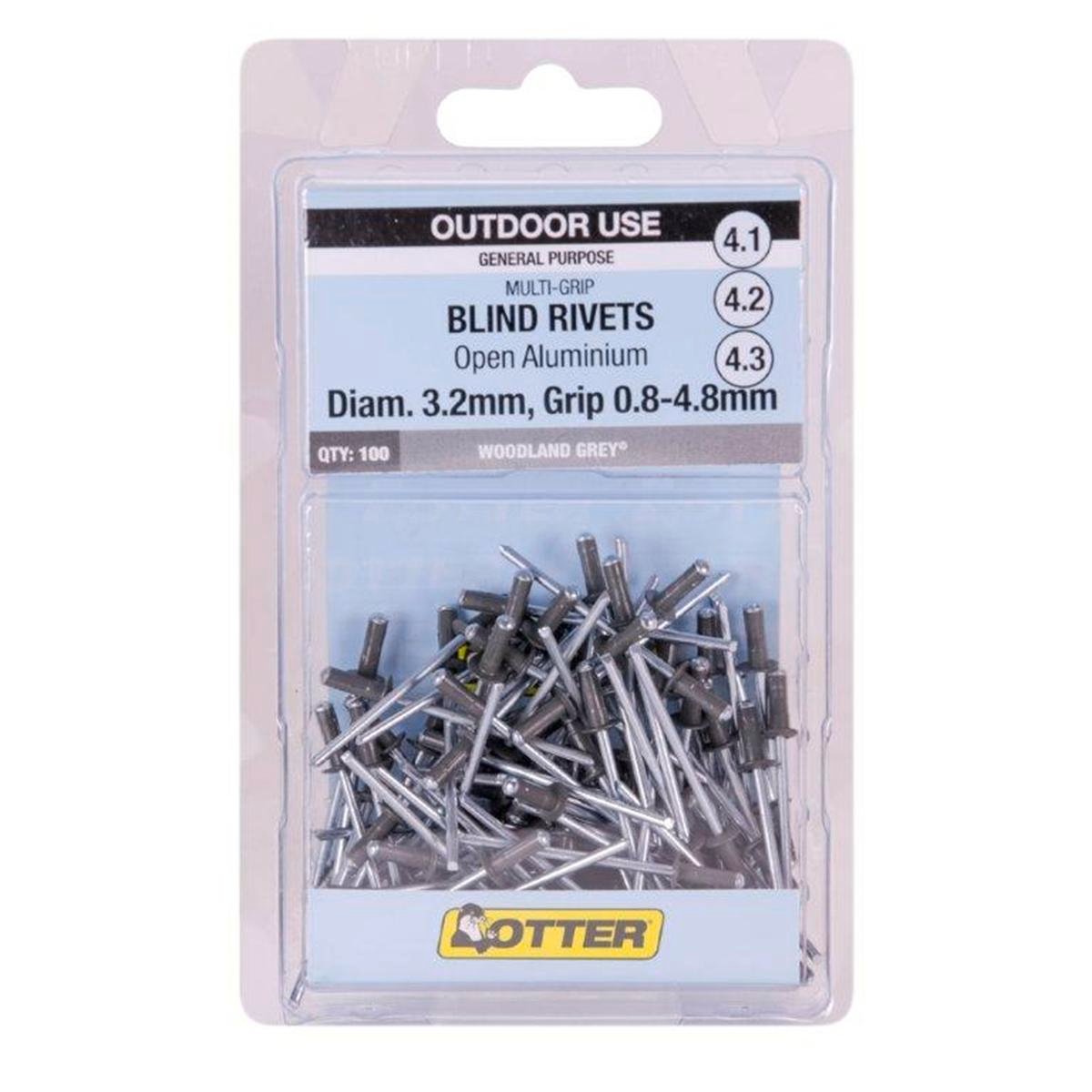 Otter Woodland Grey 3.2 x 0.8-4.8mm Multi-Grip Open Aluminium Blind Rivets 100 Pack