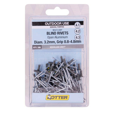 Otter Woodland Grey 3.2 x 0.8-4.8mm Multi-Grip Open Aluminium Blind Rivets 100 Pack