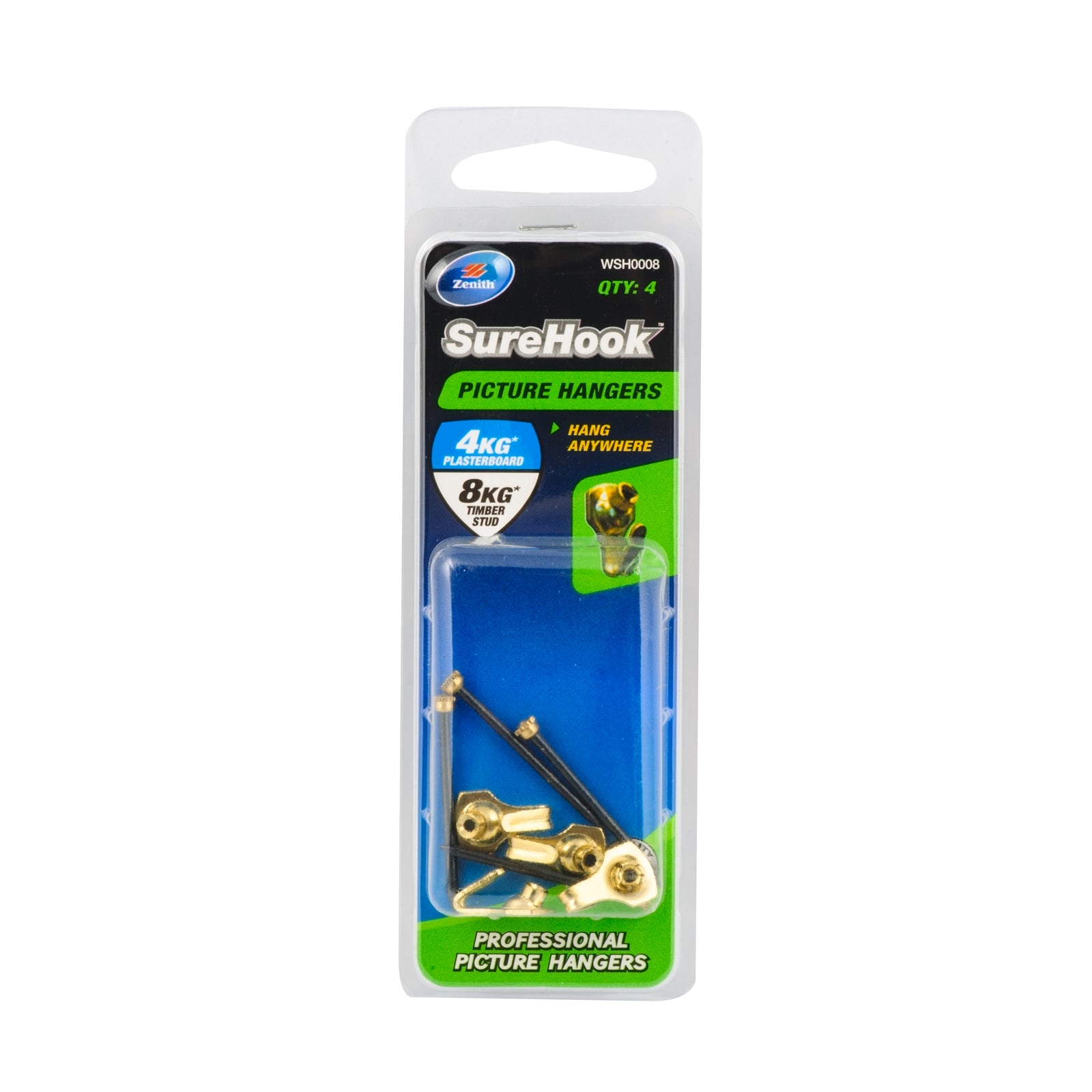 Zenith SureHook 4/8kg Brass Plated Picture Hanger 4 Pack - Plasterboard & Timber Stud