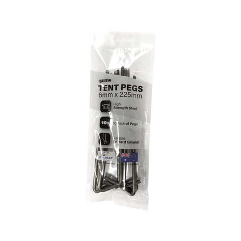 Rhino Tent Peg 10 Pack - 6 x 225mm Heavy-Duty Steel for Medium-Hard Ground - SuperSaverAU - view 1