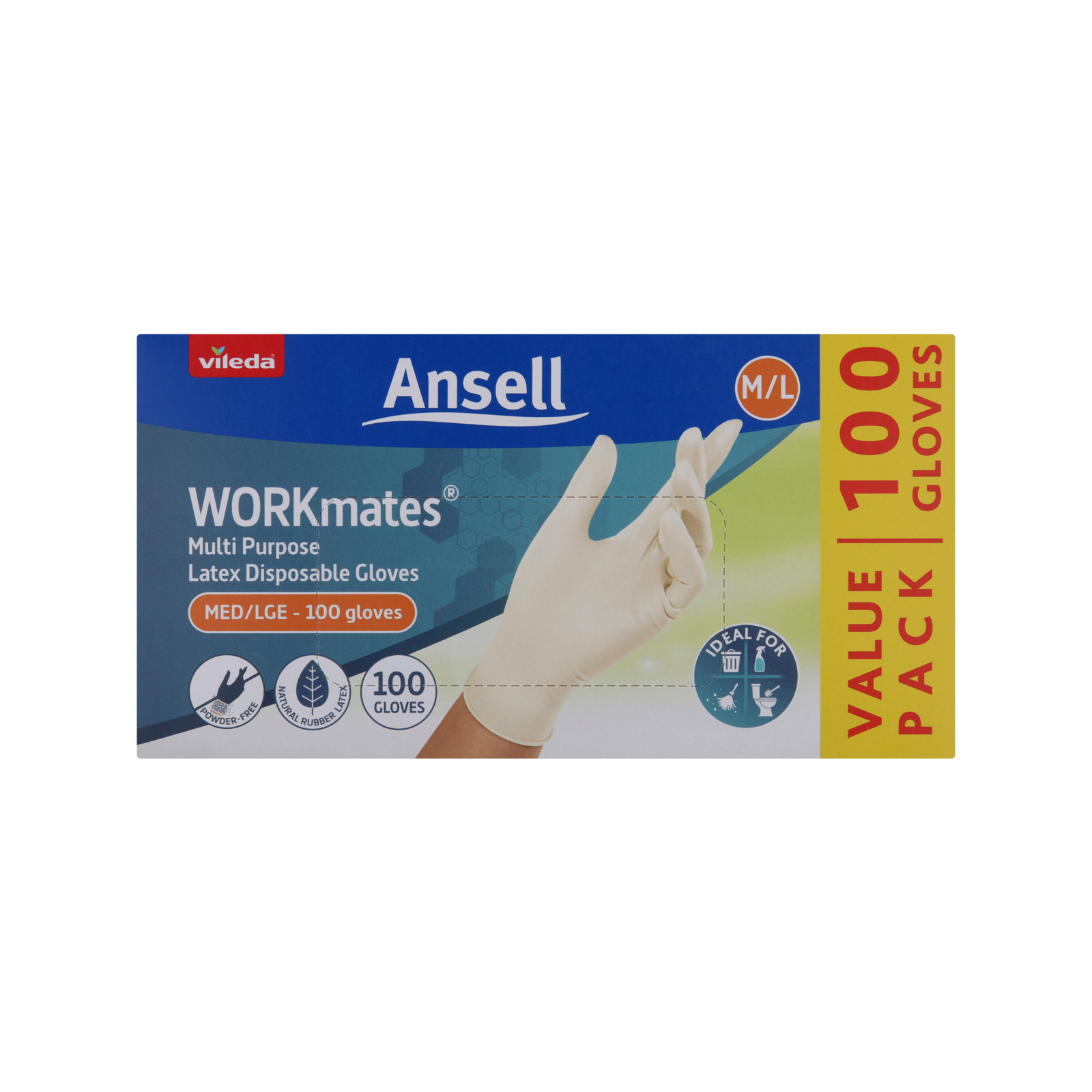Vileda Ansell WORKmates Latex Disposable Gloves 100 Pack - Medium/Large