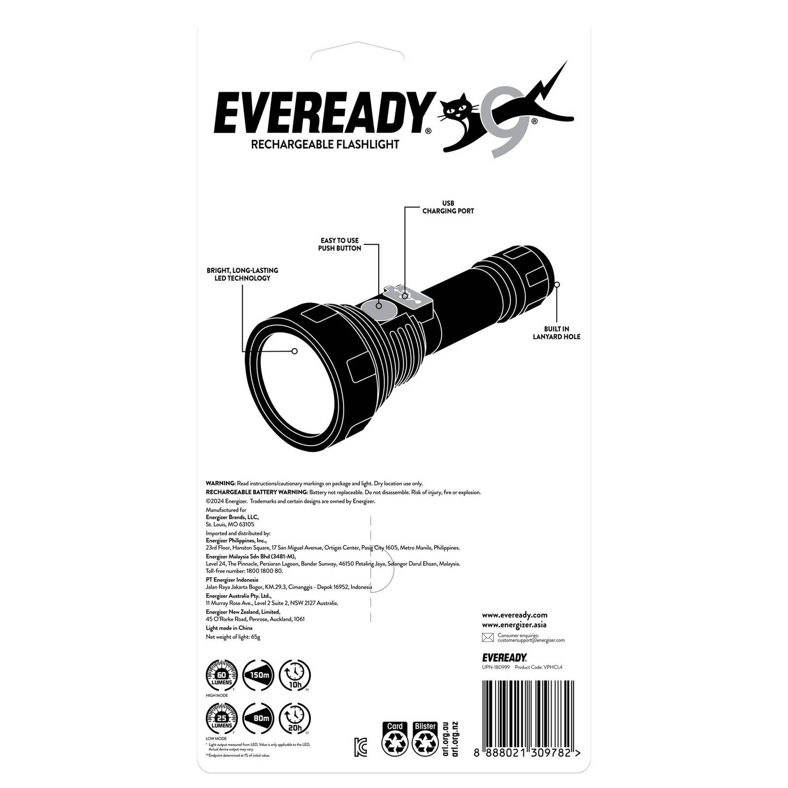Eveready Rechargeable LED Torch 60 Lumen, Compact VPHCL4