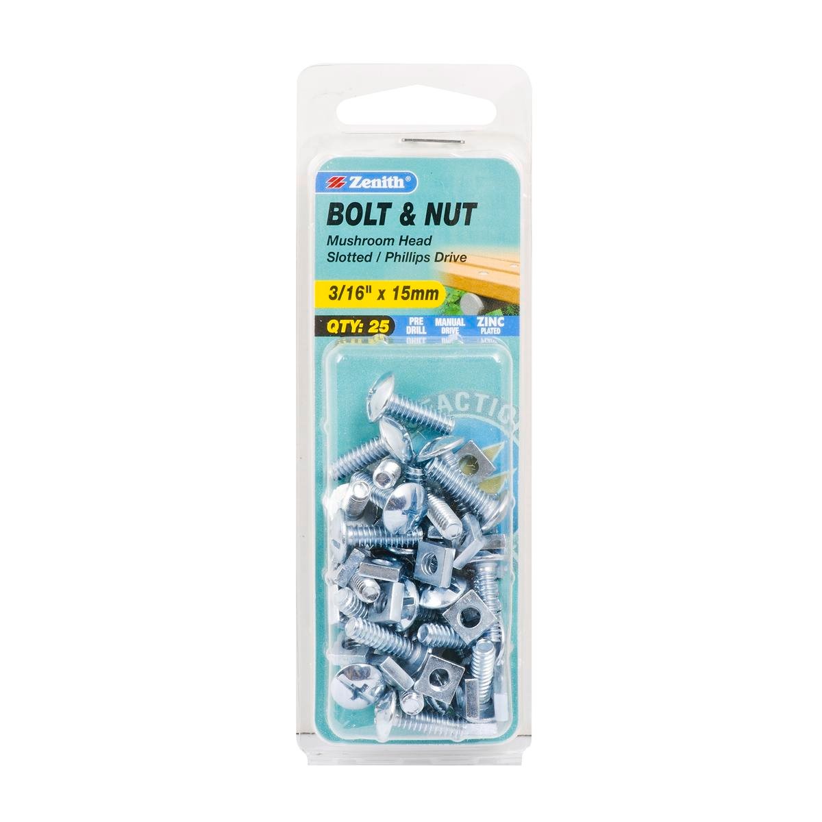 Zenith 3/16" x 15mm Zinc Plated Steel Mushroom Head Bolt and Nut - 25 Pack