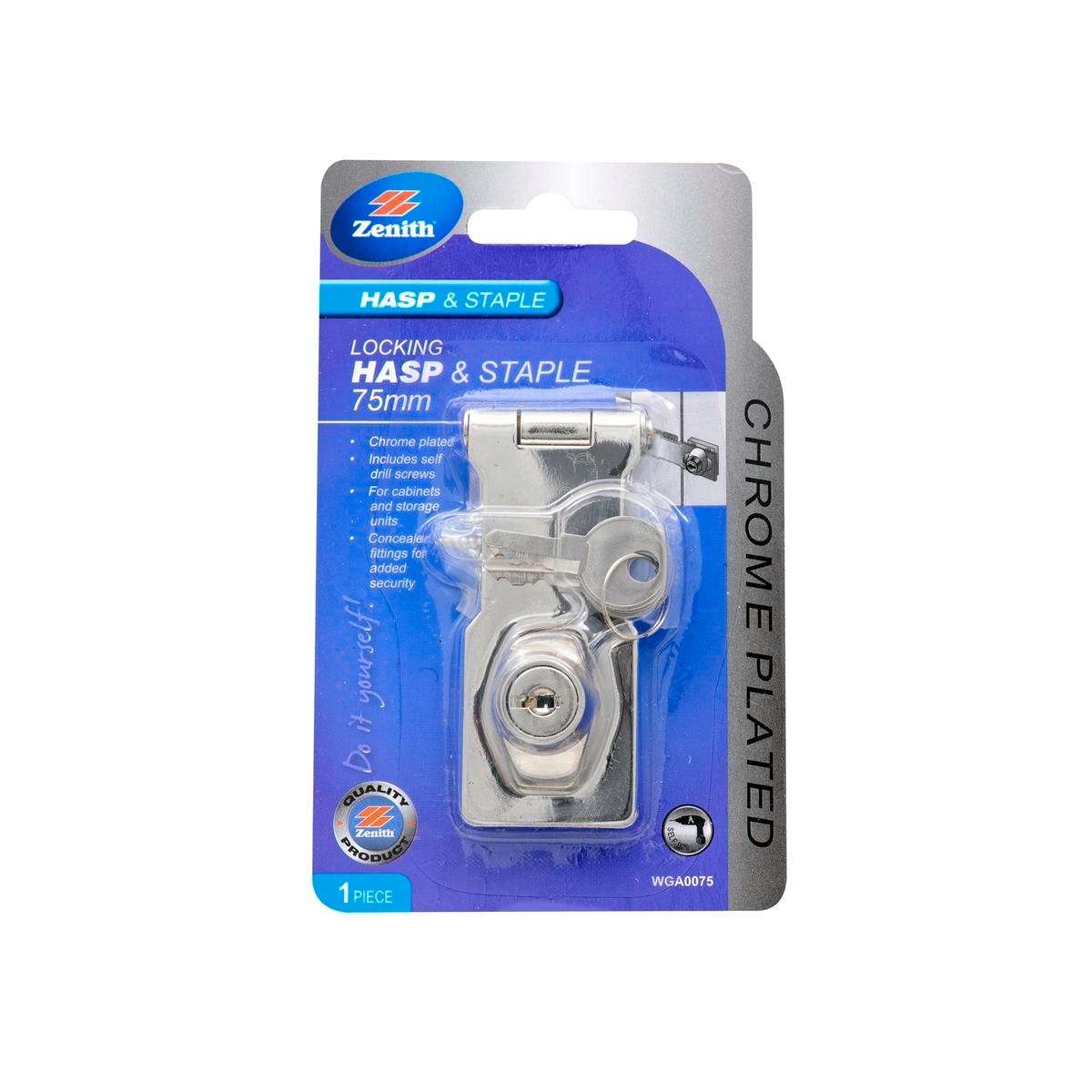 Zenith 75mm Locking Hasp and Staple - Zinc Plated Steel, Corrosion Resistant