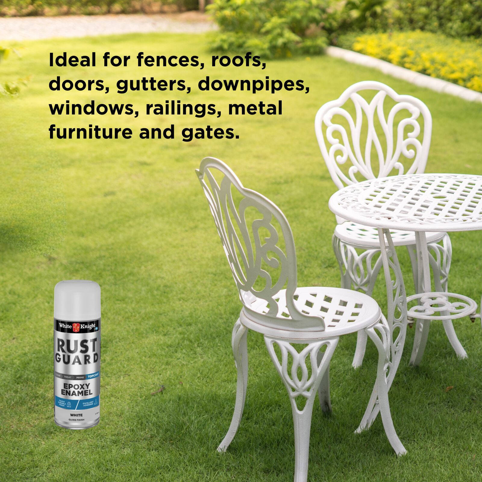 White Knight Rust Guard Epoxy Enamel Spray Paint 310g - White Gloss, Solvent Based Metal Finish