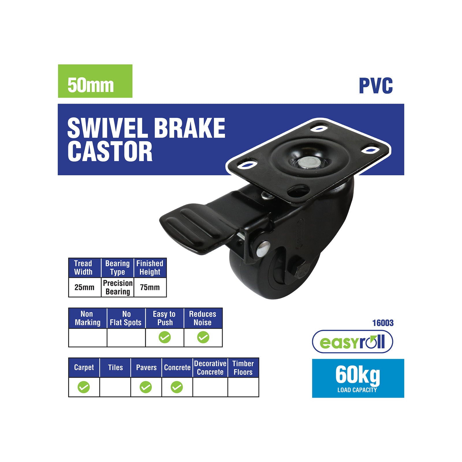 Easyroll 50mm Black PVC Swivel Castor With Brake 60kg