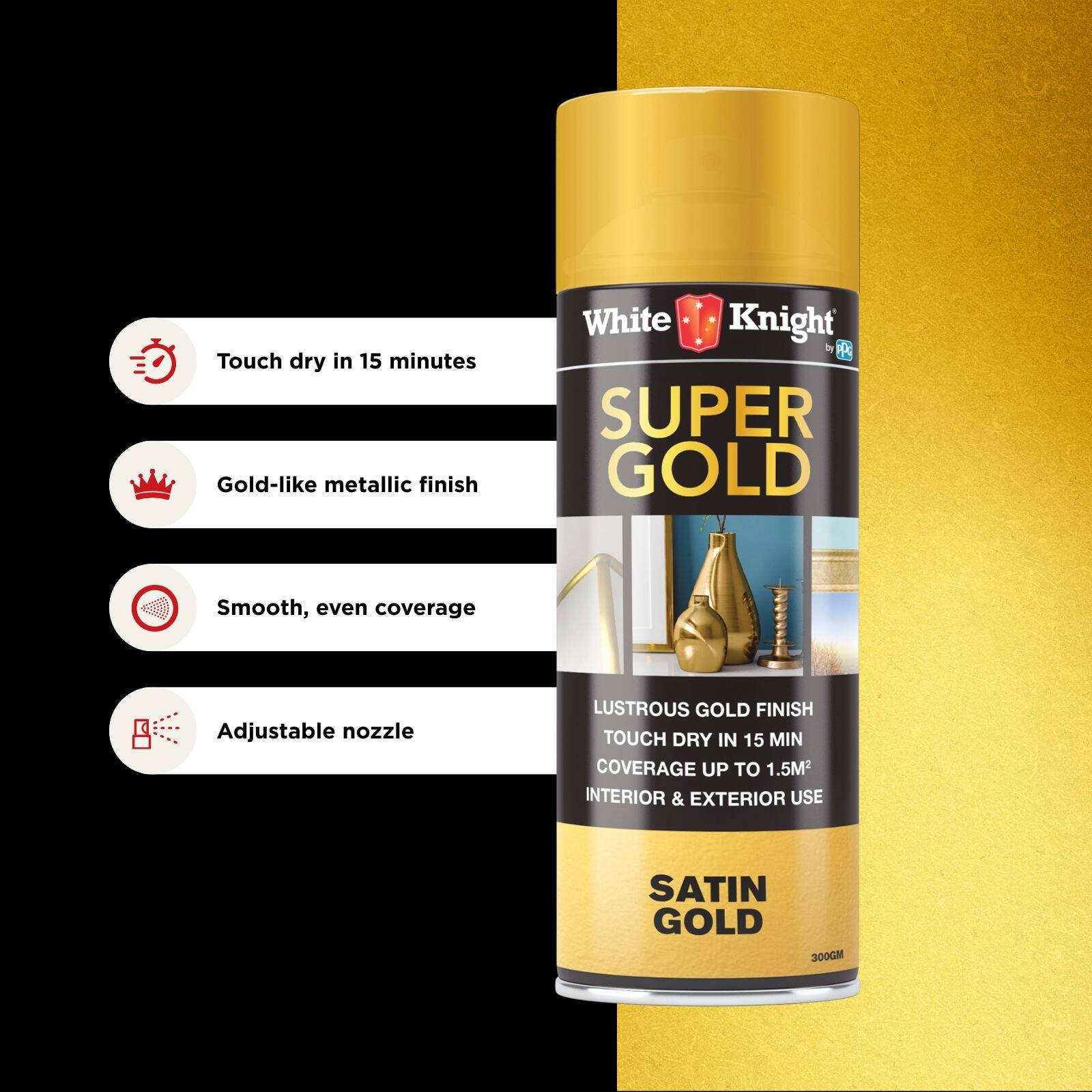 White Knight Super Gold Satin Spray Paint 300g Metallic Indoor Outdoor