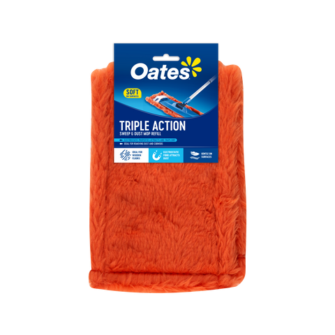 Oates Triple Action Sweep & Dust Mop Refill, 160mm Microfibre Pad, Chemical-Free, Orange