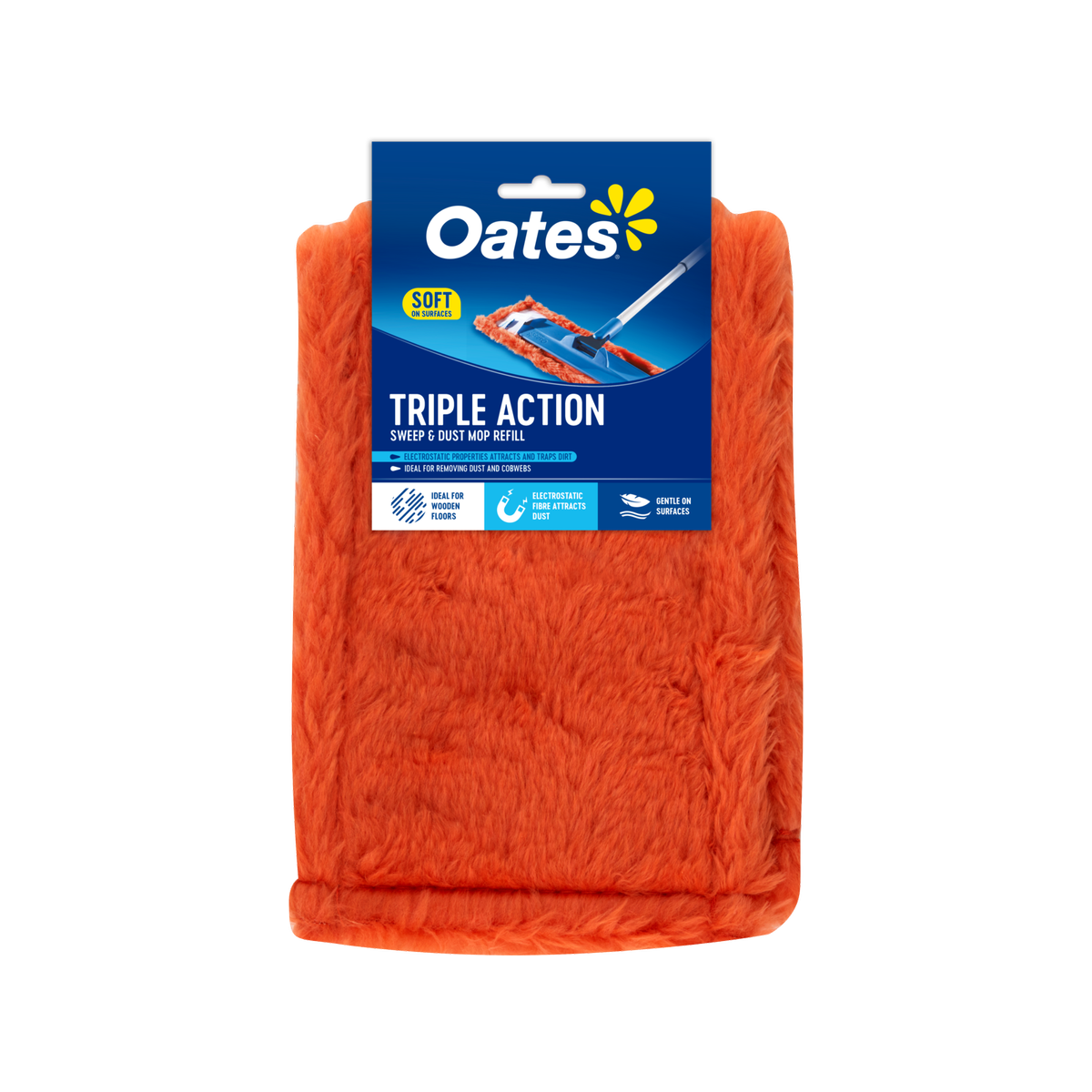Oates Triple Action Sweep & Dust Mop Refill, 160mm Microfibre Pad, Chemical-Free, Orange