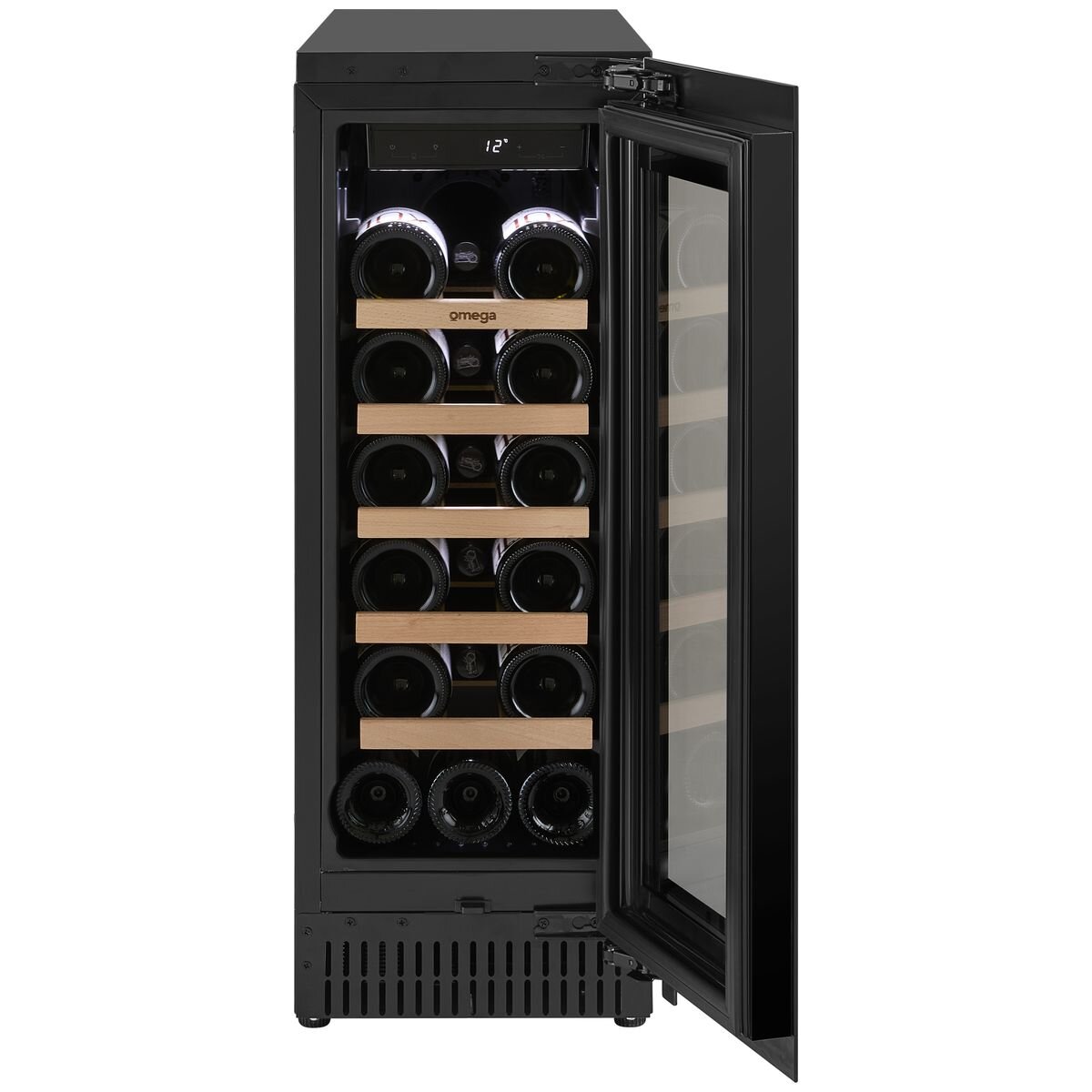 Omega 18 Bottle Single Zone Wine Cabinet - Black, Triple Glazed UV Glass, Built-In or Freestanding - OCW18SB