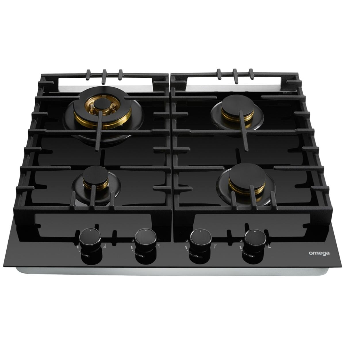 Omega 60cm Natural Gas Cooktop - Black Ceramic Glass, Wok Burner, Brass Burners, Cast Iron Trivets - OCGG604WB