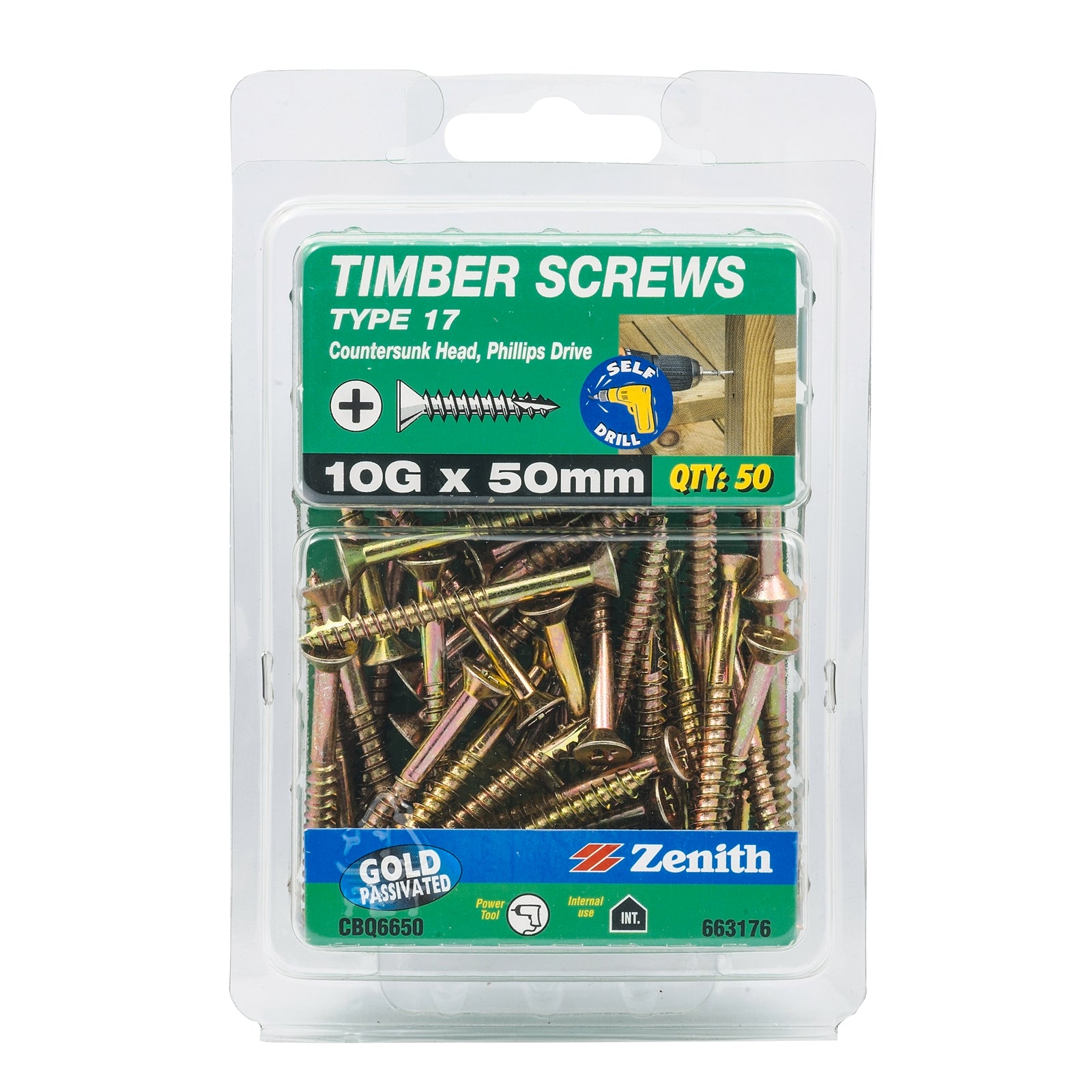 Zenith 10G x 50mm Gold Type 17 Countersunk Timber Screws - 50 Pack
