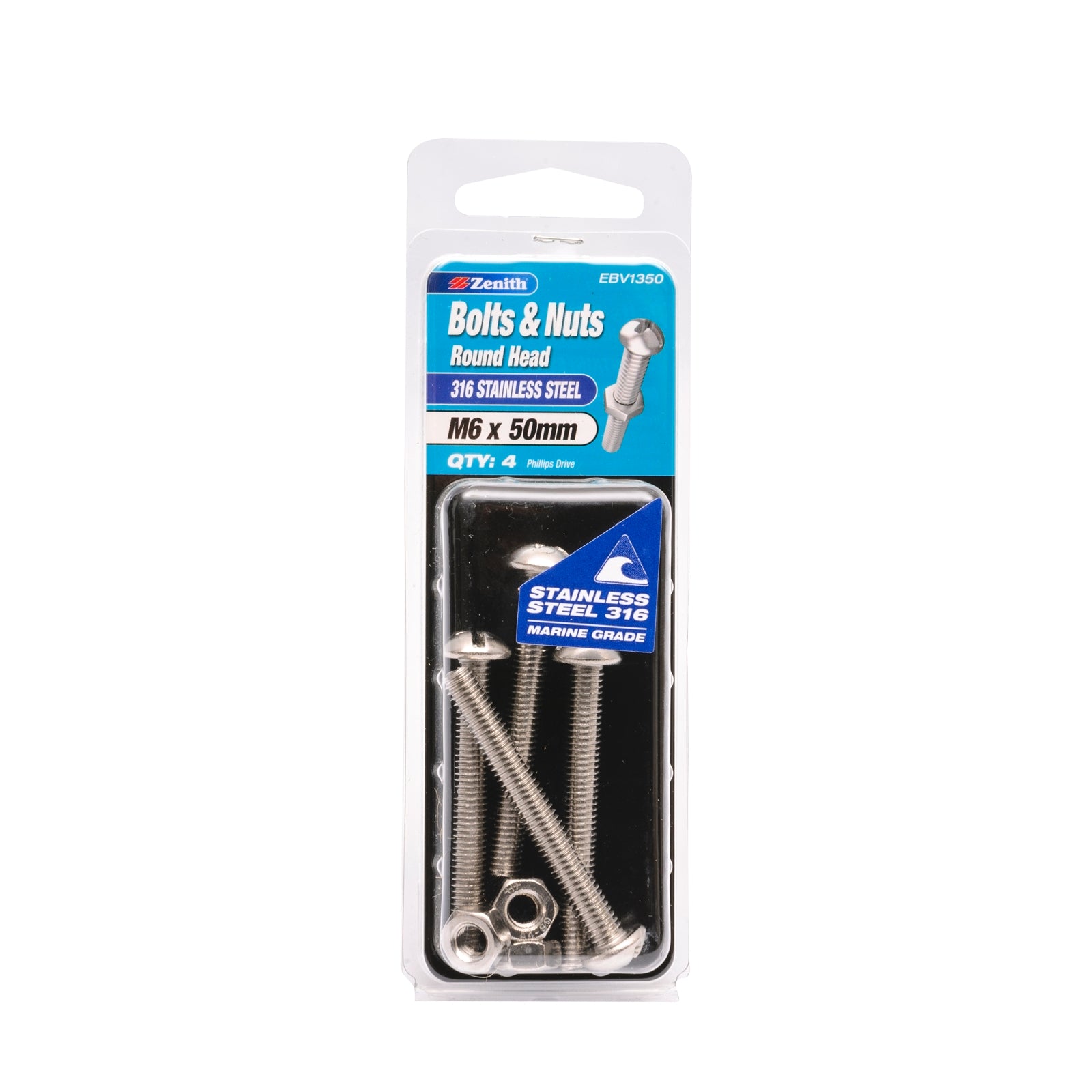 Zenith M6 x 50mm 316 Stainless Steel Round Head Bolts and Nuts 4 Pack
