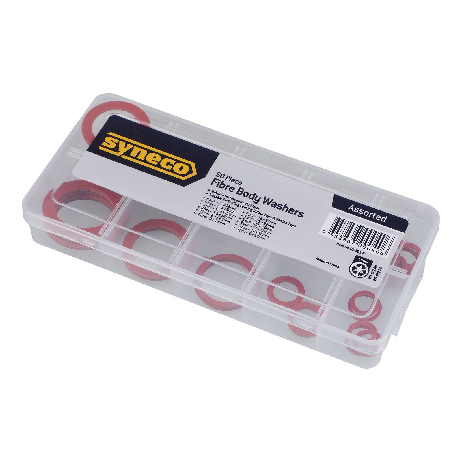 Syneco Assorted Fibre Body Washers 50 Pack Red Hot and Cold Water Tap Spindle Washers