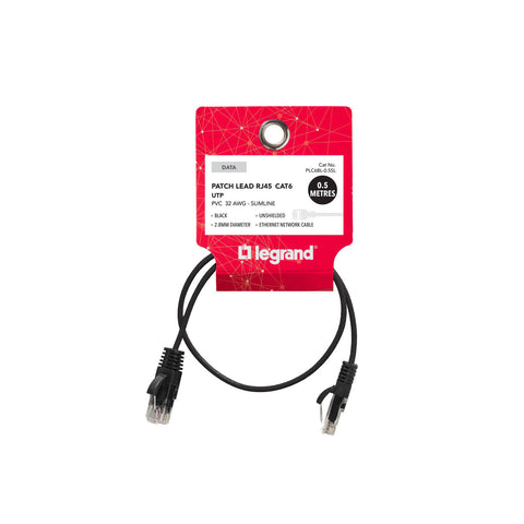 Legrand Cat6 RJ45 UTP Slimline Patch Lead 0.5m Black Network Cable