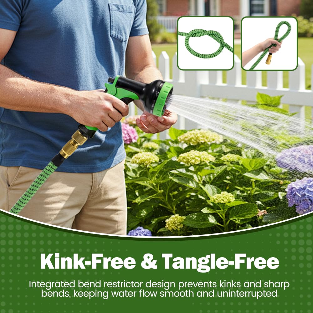 Expandable Garden Hose 50FT - Green - Stretches to 3x Length, 10 Function Nozzle plus Mist Nozzle, 1/2 and 3/4 BSP
