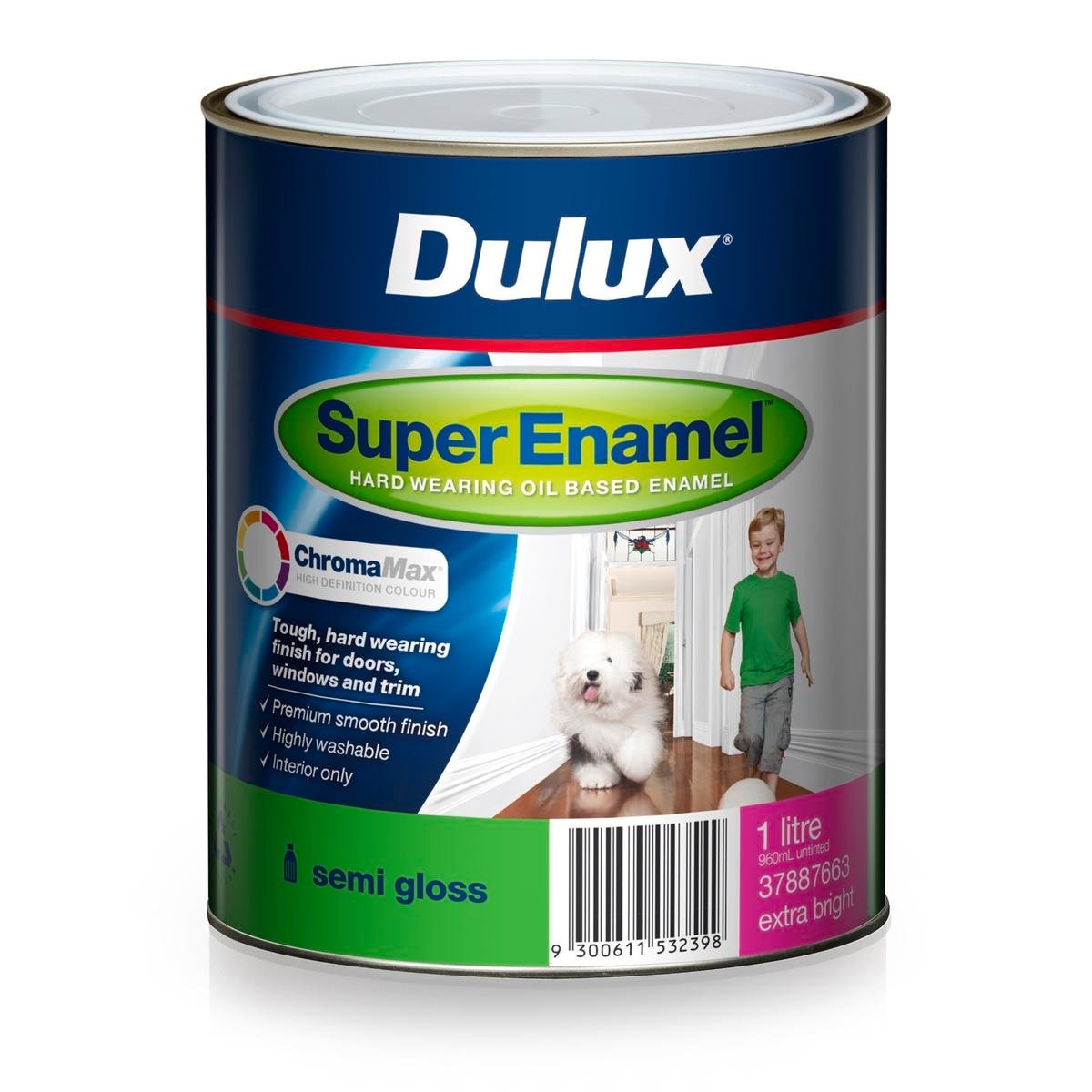Dulux Super Enamel Semi Gloss Paint 1L Extra Bright Base - Tintable Interior Enamel
