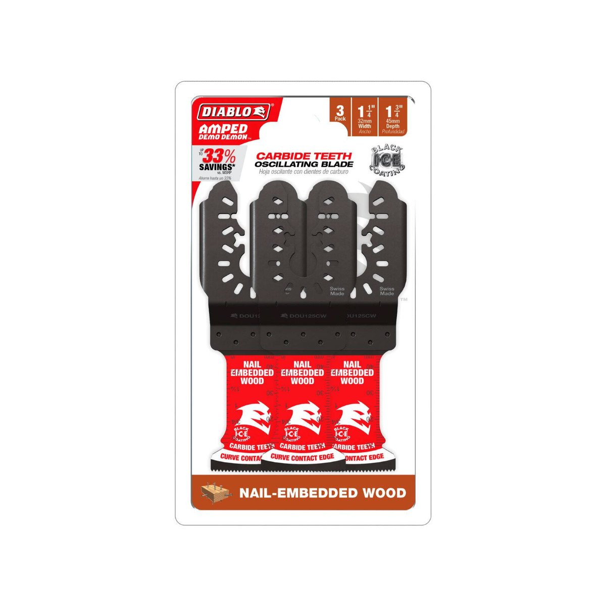 Diablo 32mm Universal Fit AMPED Demo Demon Carbide Oscillating Blade Nail-Embedded Wood 3 Pack
