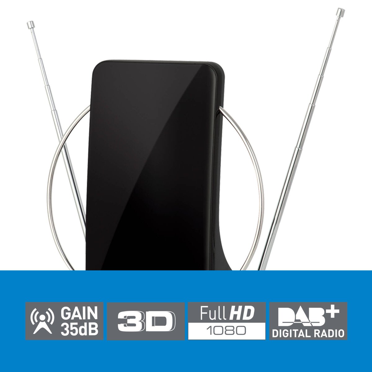 Antsig Digital Indoor Amplified Antenna - 35dB Gain, Telescopic VHF/UHF, Black AP547