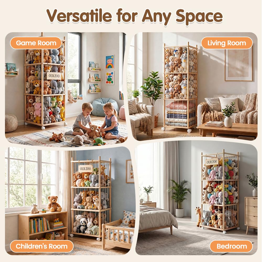 Soft Toy Storage Tower 3-Tier with Wheels - Natural Wood 136cm - Holds 50+ Plush Toys, Rolls Away
