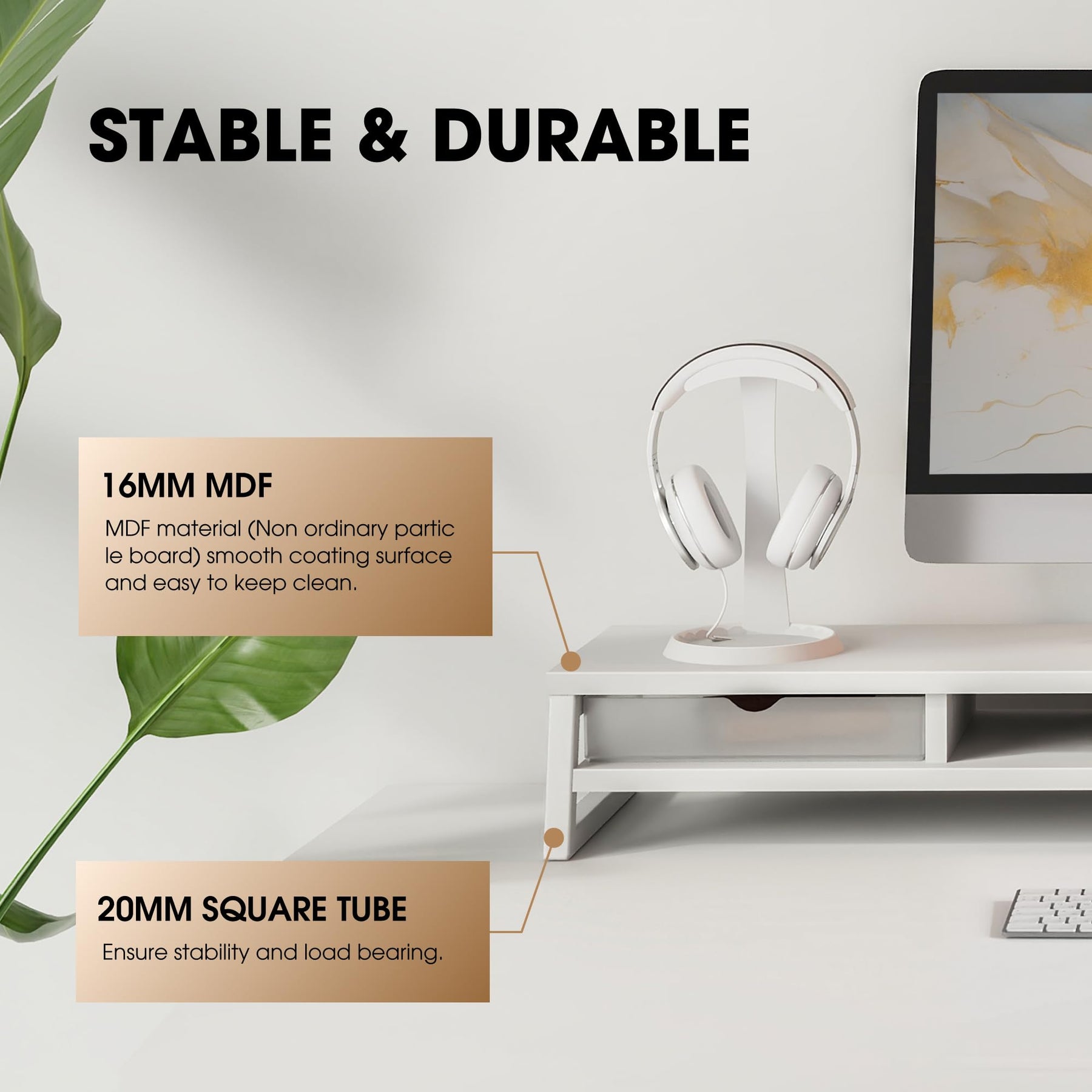 Dual Monitor Stand with Drawers 42.5 Inch - White - 2 Tier Wooden Desk Riser, 3 Compartments, 2 Frosted Acrylic Drawers