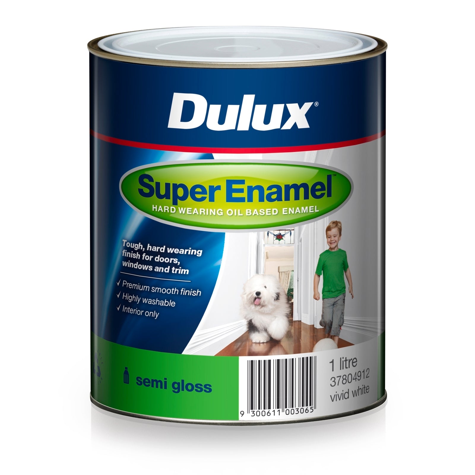 Dulux Super Enamel Semi Gloss Oil Based Paint 1L Vivid White, Interior, Tintable