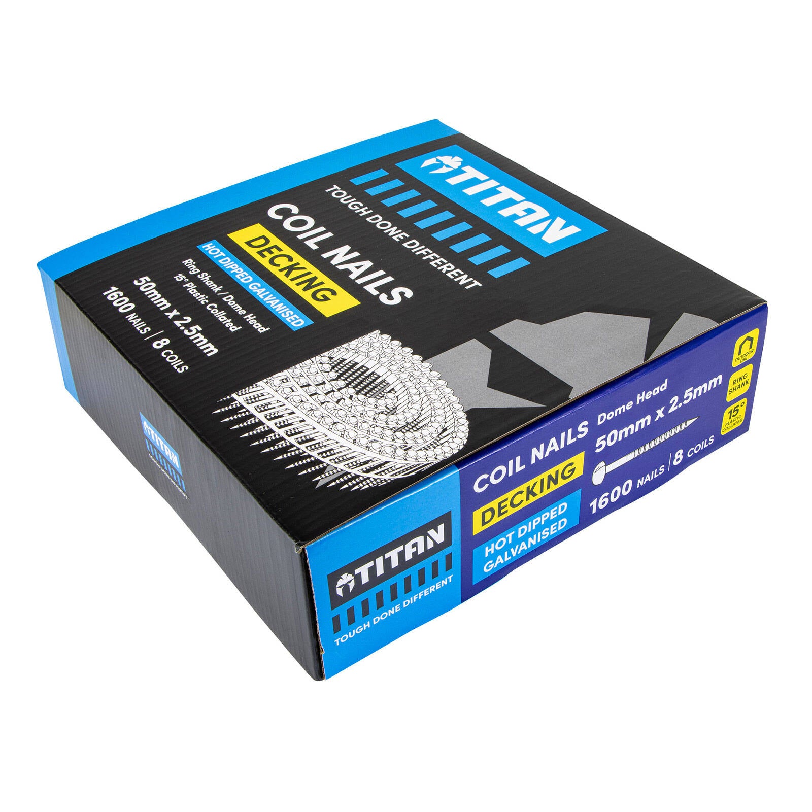 Titan 50 x 2.5mm Hot Dipped Galvanised Ring Shank Collated Coil Nail - 1600 Pack