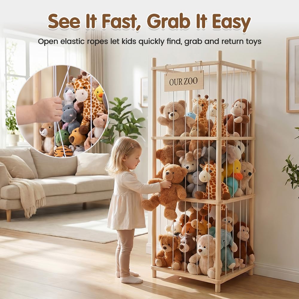 Soft Toy Storage Tower 3-Tier - Natural Wood 136cm - Holds 50+ Plush Toys, Elastic Bar Shelves
