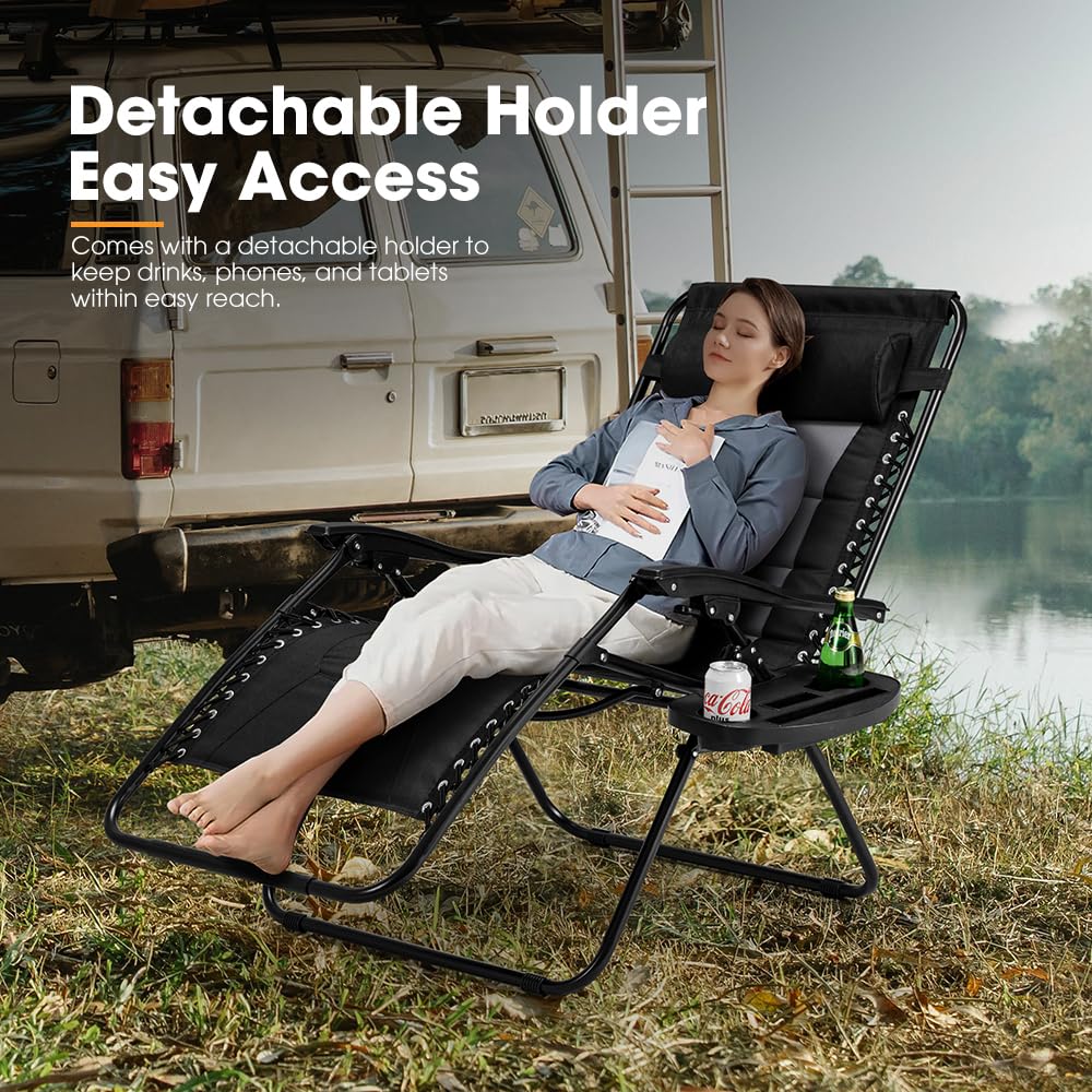 Zero Gravity Camping Chair - Black - Reclines 90 to 170 Degrees, 64cm Wide Seat, Double Layer 600D Oxford, Side Holder