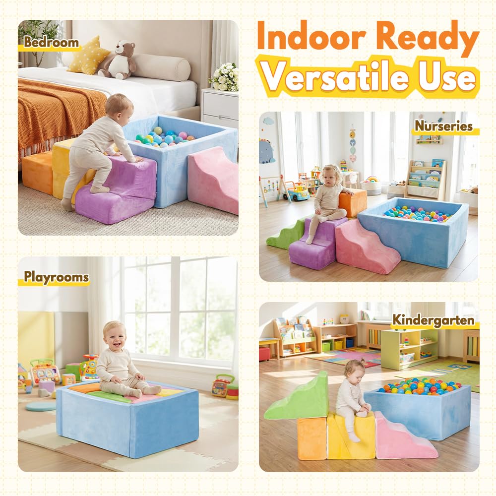 Soft Play Set 7 Piece - Pastel - Ball Pit, Ramps, Steps, Slope and Block, High-Density Foam