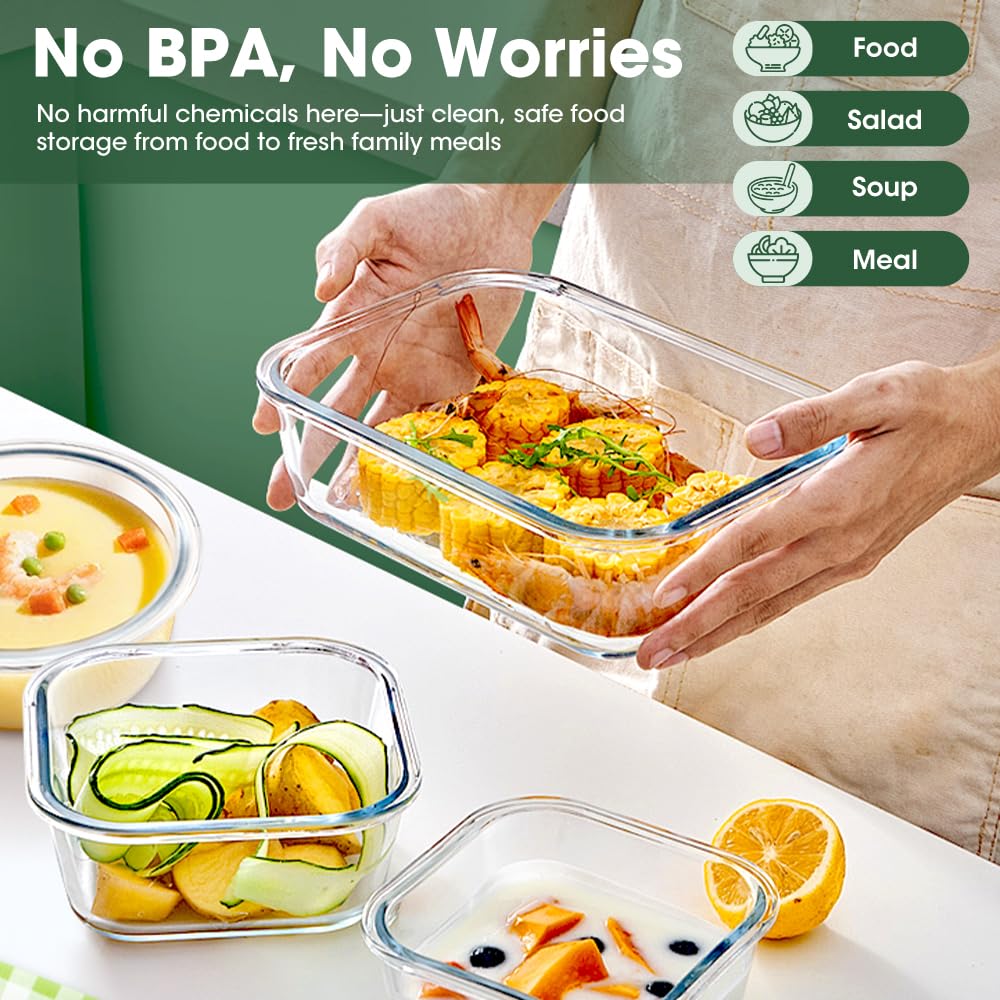 Glass Food Storage Containers 10 Pack - 1040ml and 370ml - Borosilicate Glass, Snap Lids with Silicone Seals, BPA Free