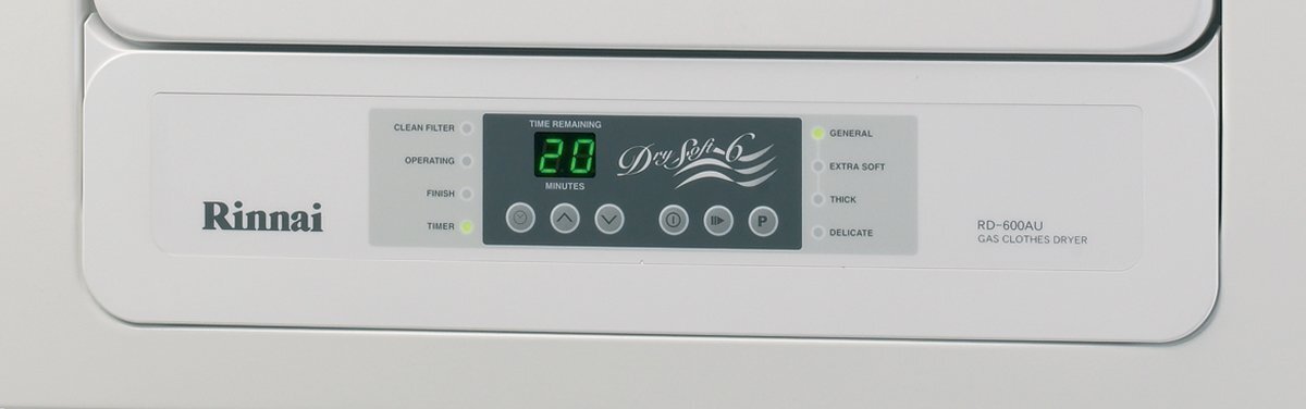 Rinnai 6kg Dry-Soft 6 LPG gas clothes dryer - quick drying, auto-sensing, stainless steel drum - DRYSOFT6L