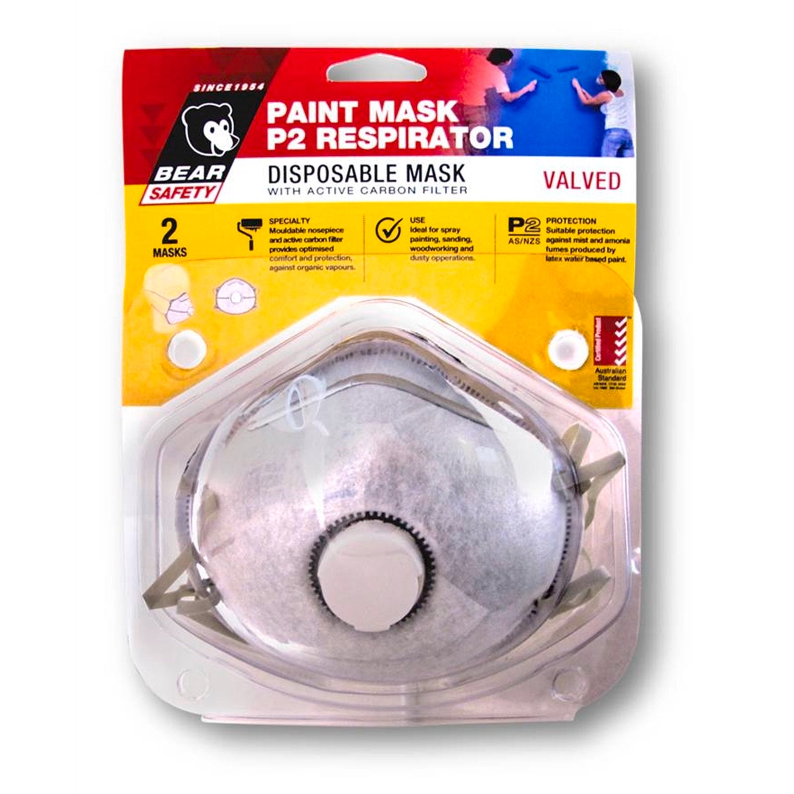 Bear Grey P2 Disposable Paint Mask with Carbon Filter and Valve - 2 Pack