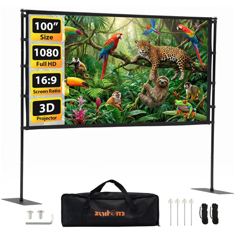 Projector Screen with Stand 100 Inch - 235 x 195cm - 16:9, 1080P, Polyester Fabric, 25mm Steel Frame, Carry Bag