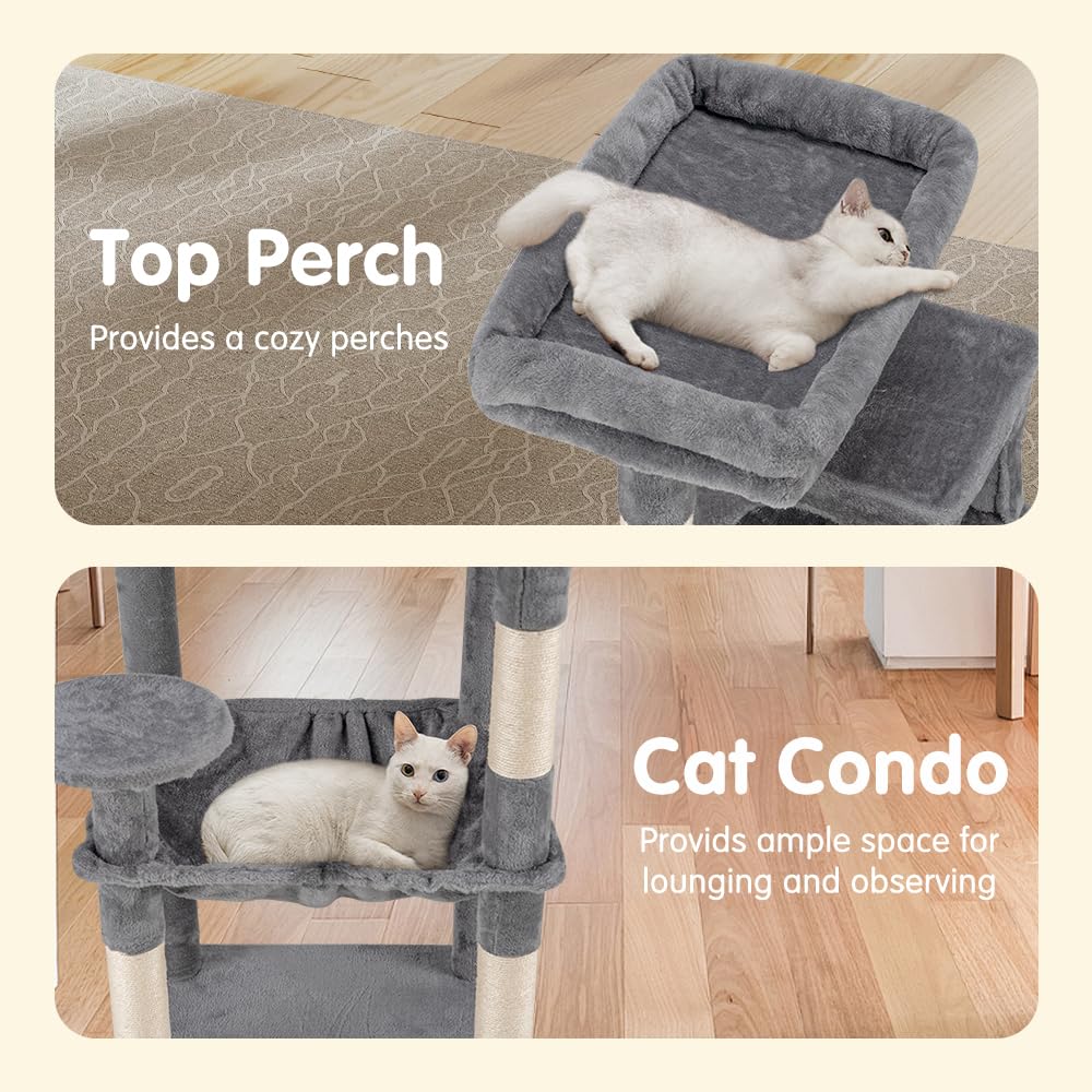 Cat Tree Tower 142cm - Light Grey - 3 Levels, Hammock, Condo, 4 Sisal Scratching Posts, Dangling Ball