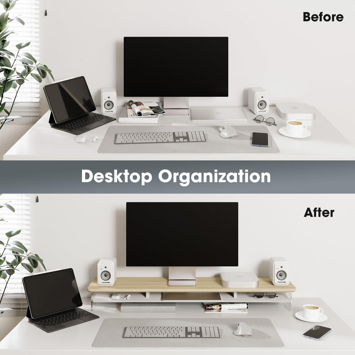 Acrylic Dual Monitor Riser 42.5 Inch - Oak - 2 Tier Desk Shelf, 18mm Board with Steel Core