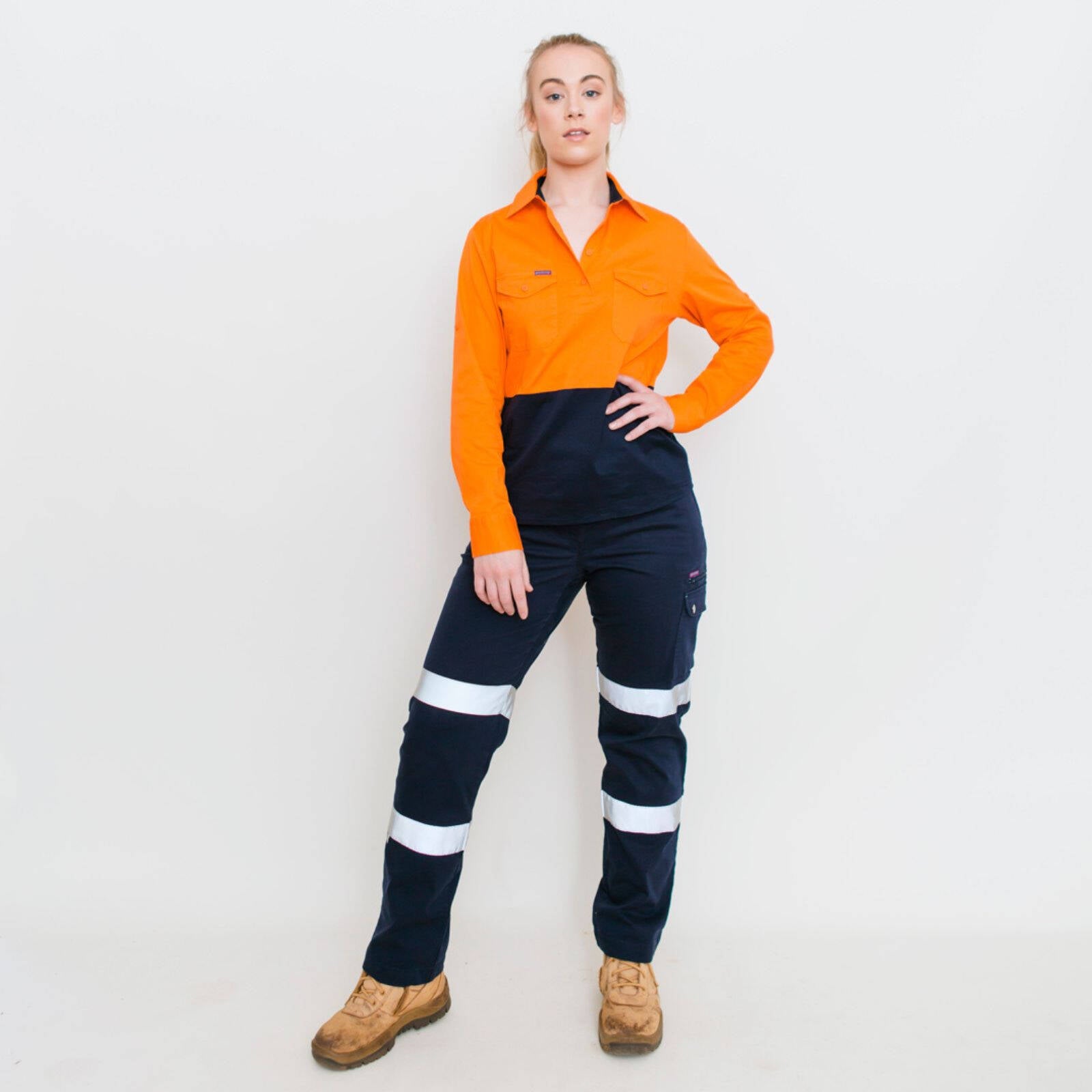 Green Hip Long Sleeve Hi-Vis Work Shirt Orange/Blue Size 12 Women's