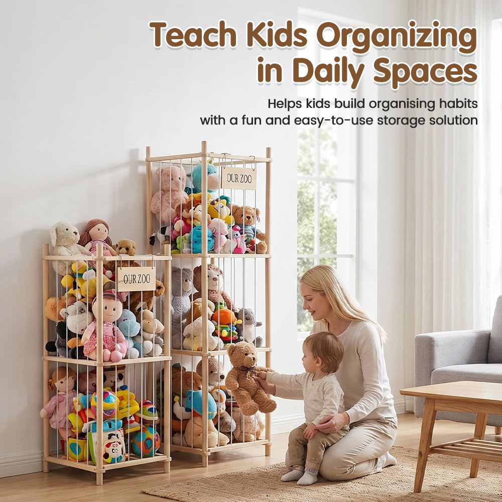 Soft Toy Storage Tower 3-Tier - Natural Wood 136cm - Holds 50+ Plush Toys, Elastic Bar Shelves