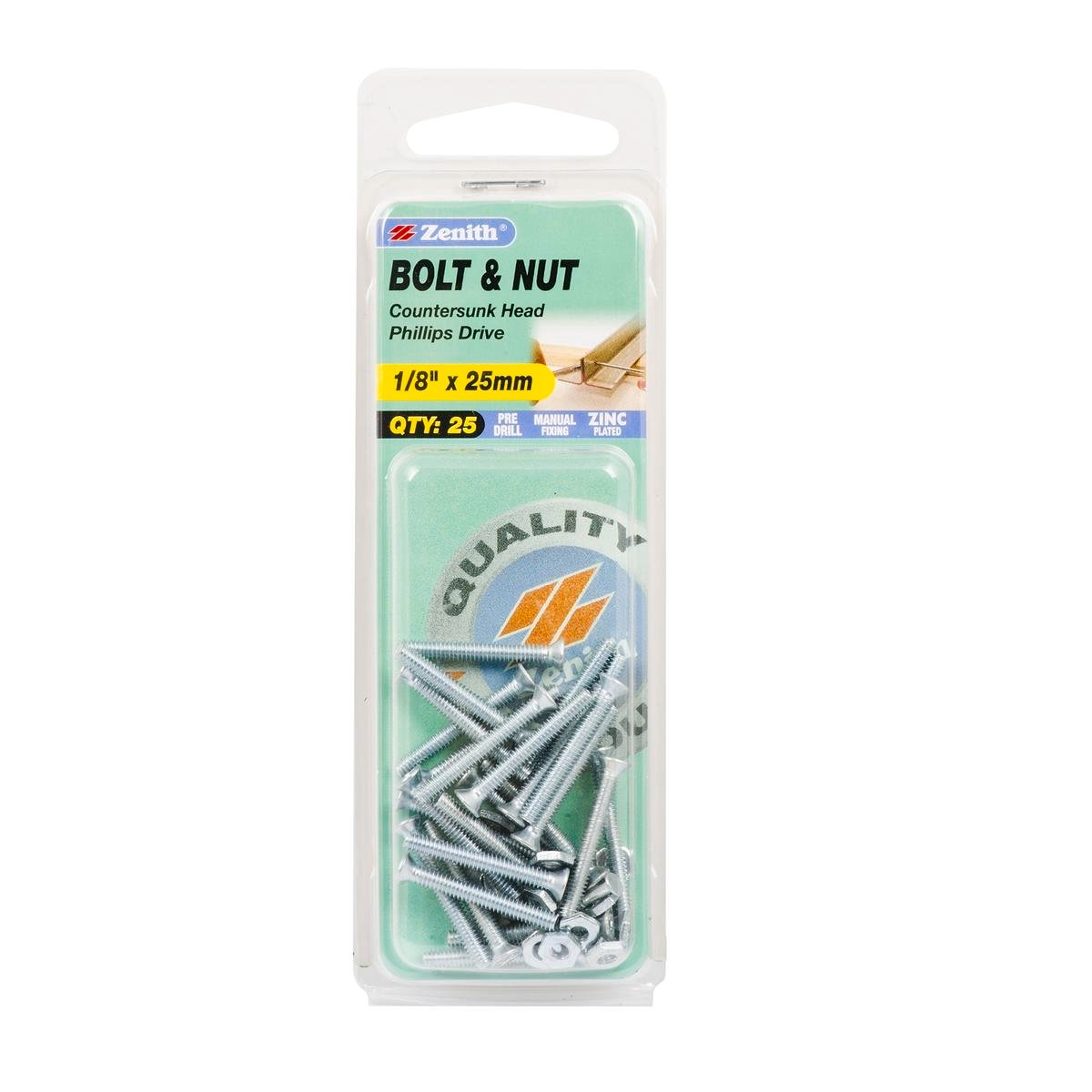 Zenith 1/8" x 25mm Zinc Plated Countersunk Bolt and Nut - 25 Pack