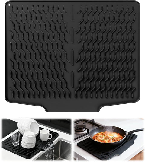 Silicone Dish Drying Mat 40 x 30cm - Ridged with Drain Rim