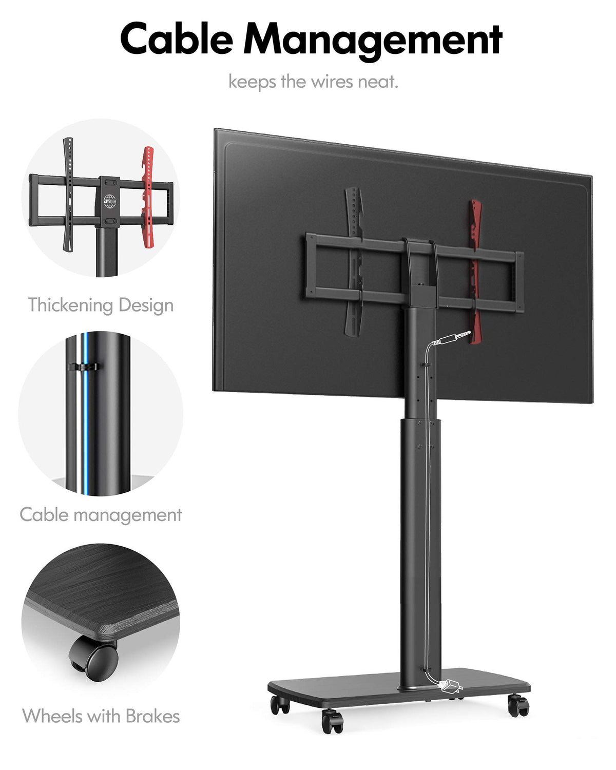 Tall Mobile TV Stand with Wood Base for 32-65 Inch TVs - Black - Swivel Mount, Height Adjustable, on Wheels
